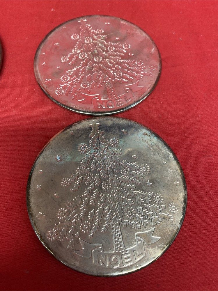 Silver Plated Christmas 7 Pcs Coaster Set Deeply Engraved Christmas Tree