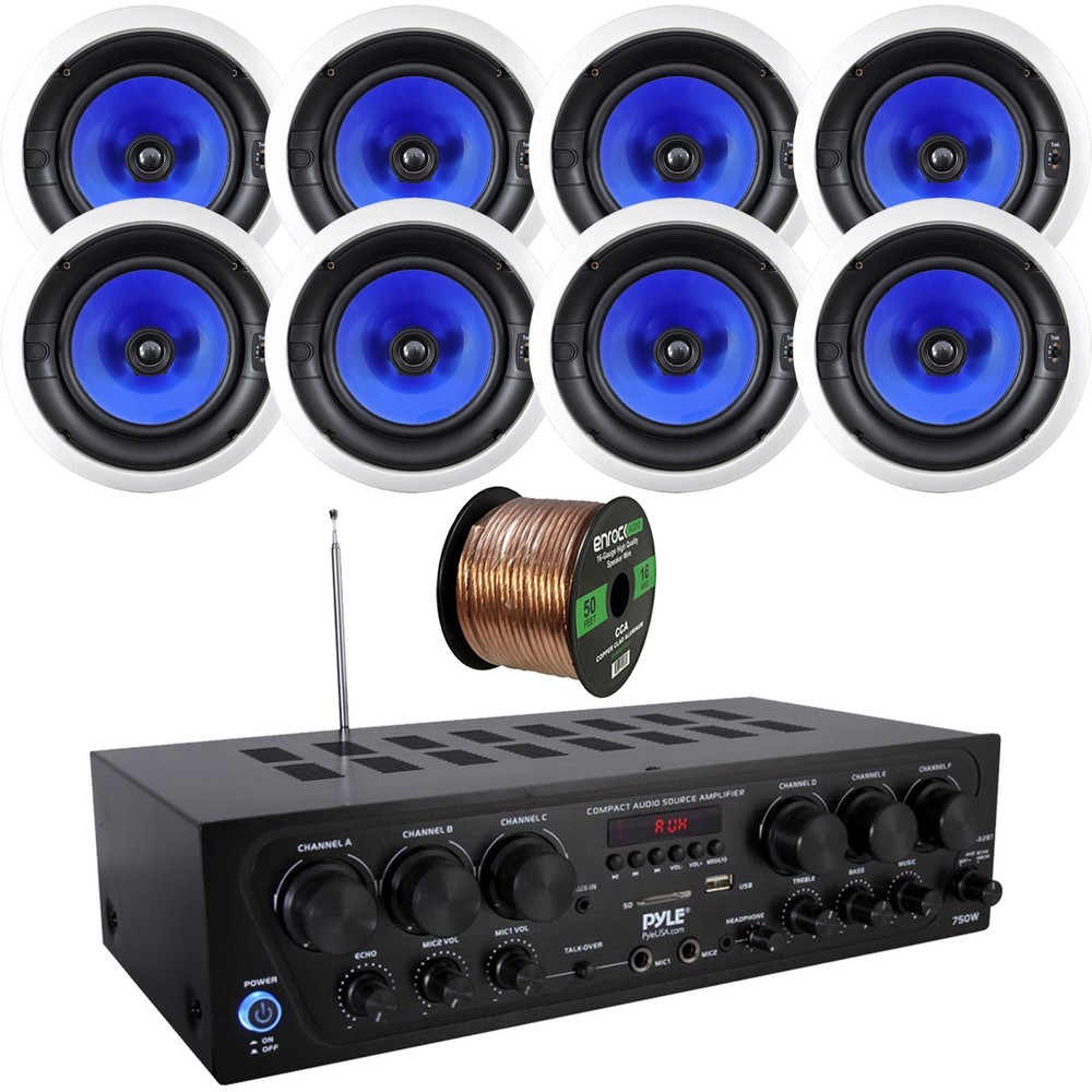 Pyle PTA62BT Bluetooth Receiver Bundle w/ 8x 8" Full Range Stereo Speaker, Wire