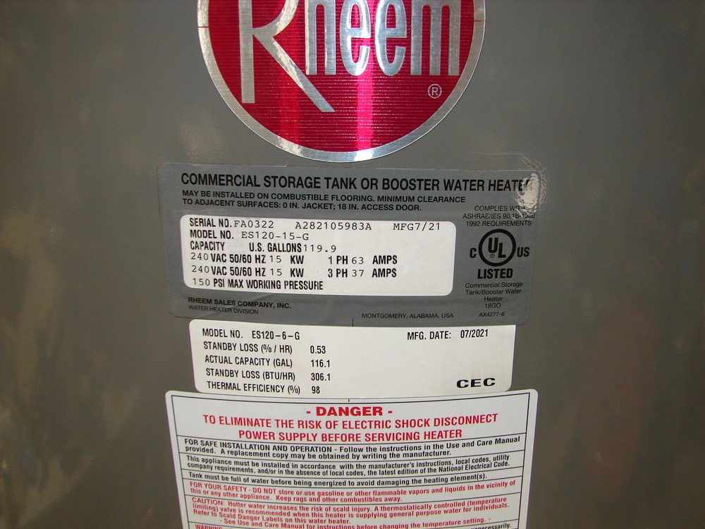 New Rheem ES120-6-G Heavy Duty Electric Commercial Water Heater 240vac 1PH/3PH