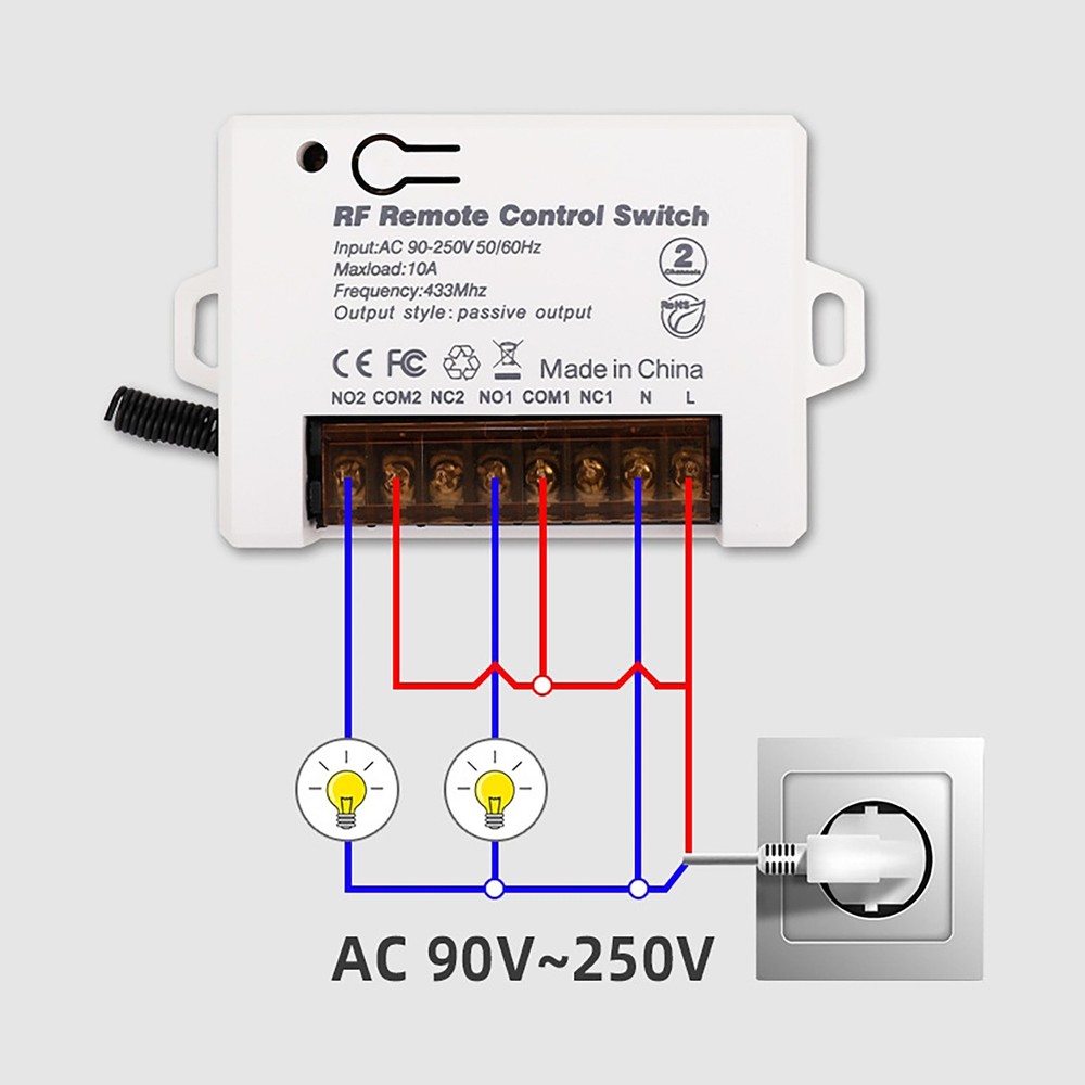 220V 2Ch Relay Receiver Wireless Remote Control Switch for Garage/Gate 110V