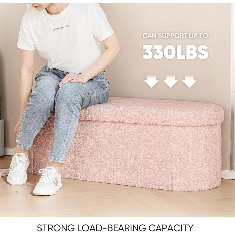 Folding Storage Ottoman Soft Boucle Bench Comfortable Multiuse 600lbs Capacity
