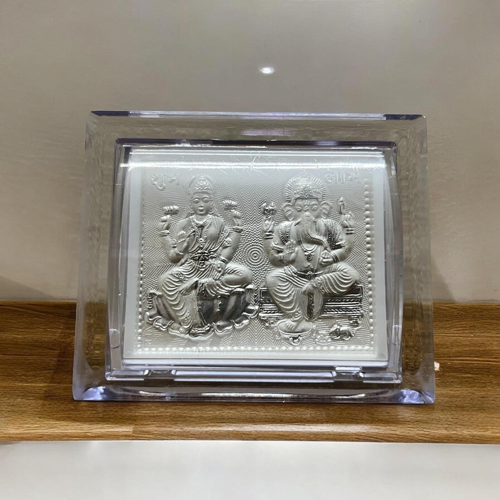 Pure Silver Laxmi Ganesh Frame Tabletop Stand Suitable for Gifting 3x2.5 In