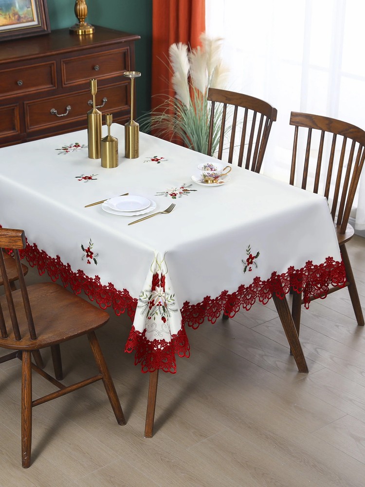 1 Pc Embroidered Tablecloth Festive Romantic Polyester Embroidered Rectangular