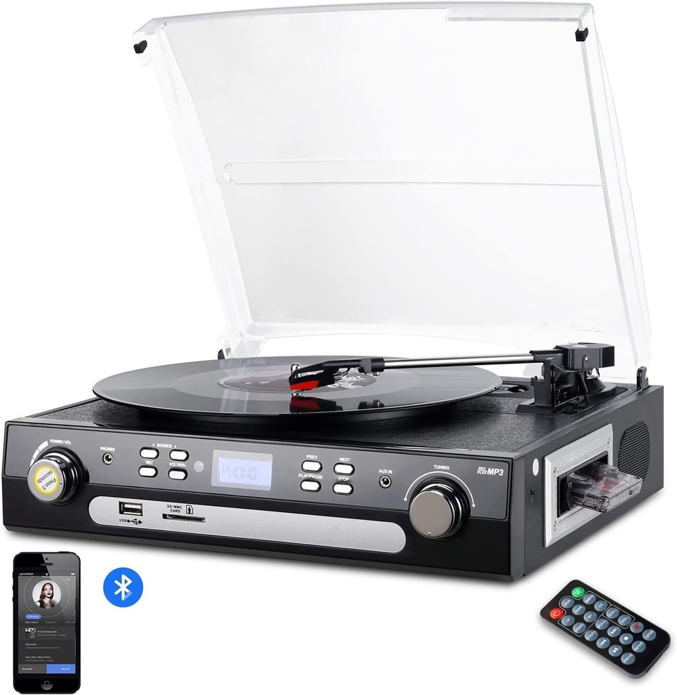 Tocadiscos Bluetooth Con Parlantes Estereo, Tocadiscos Para Vinilo A Mp