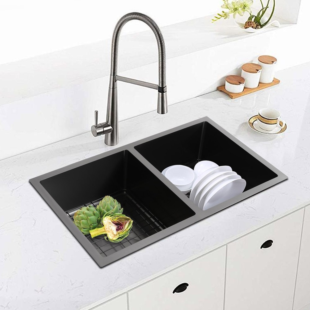 Black 304 Stainless Steel Rectangular Kitchen Double Bowl Sink With 2* Drainers
