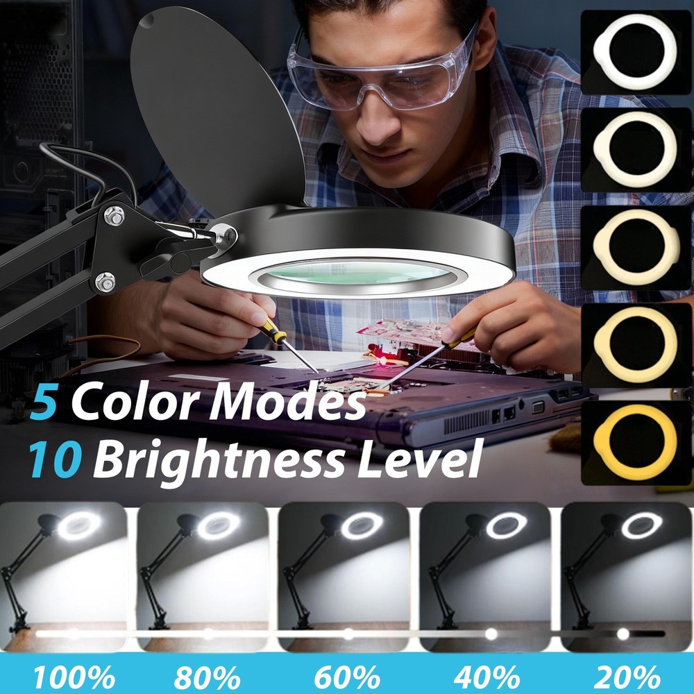 15X Magnifier Lamp with Protective Cover Adjustable LED Light for Precision Work