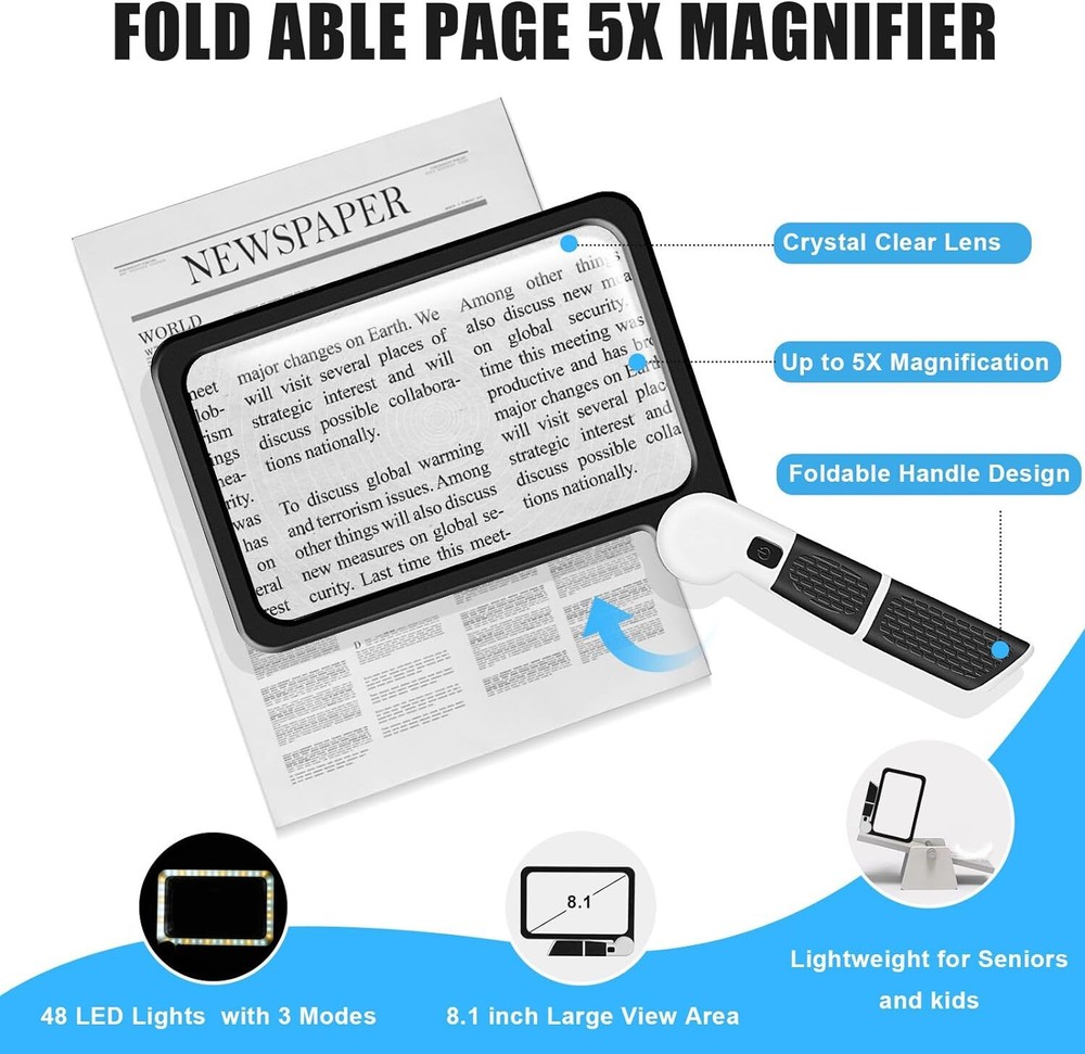 5X Magnifying Glass for Reading, Full-Page Large Rectangle Lighted Magnifier