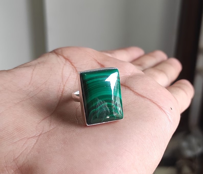 Solid 925Sterling Silver Rectangular Malachite Stone Handmade Women's Band Ring