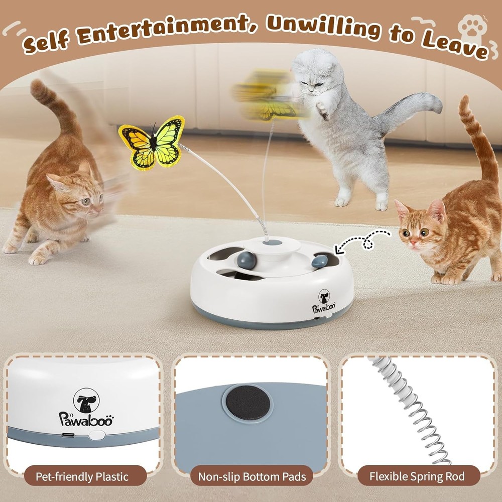 Pawaboo 3-in-1 Automatic Interactive Cat Toy, Electronic Motion White+Gray