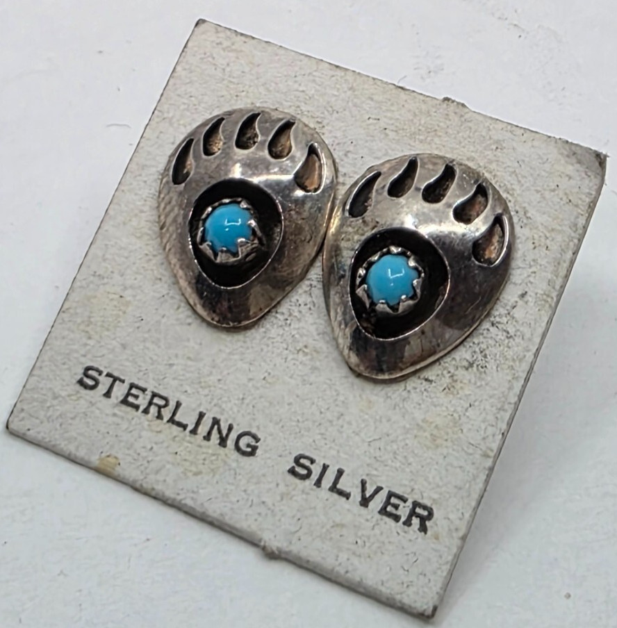 Native American Sterling Shadowbox Turquoise Stud Paw Motif Earrings