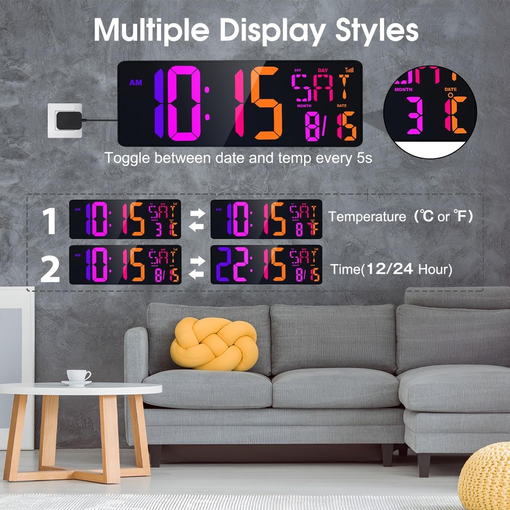 XREXS Large Digital Wall Clock Bluetooth Sync, 17.2" RGB Color Changing Digit...