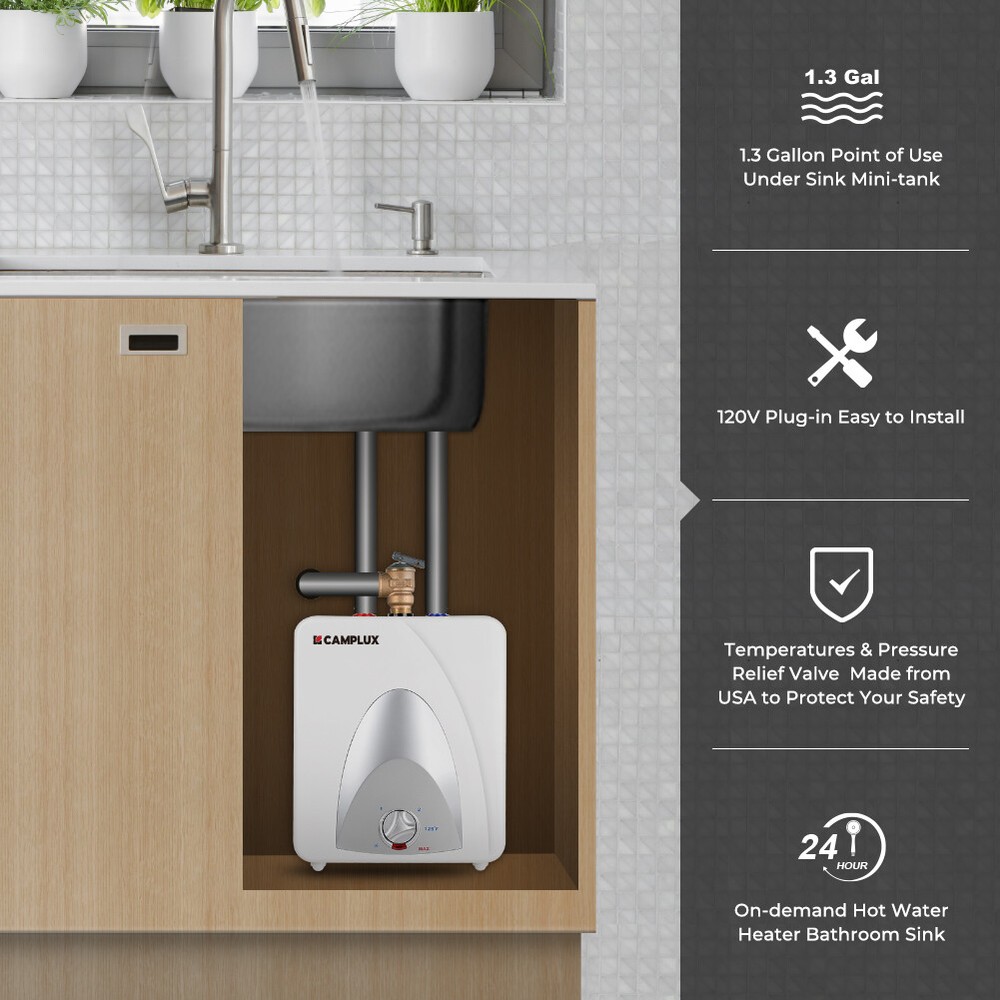 Camplux 4/6 Gallon Electric Mini-Tank Water Heater Compact Kitchen Under Sink RV