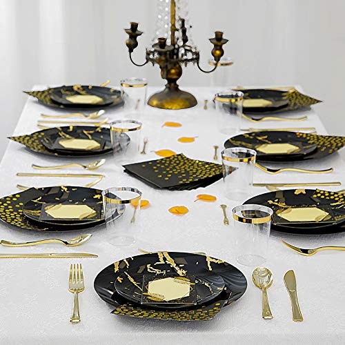 N9R 225pcs Gold Plastic Plates, Disposable Dinnerware Set Include 25 Black