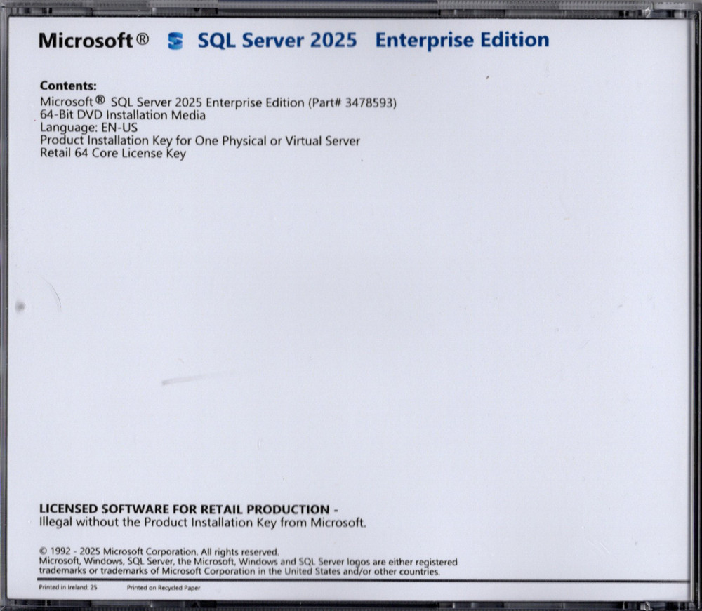 Microsoft SQL Server 2025 Enterprise with 64 Core License, unlimited User CALs