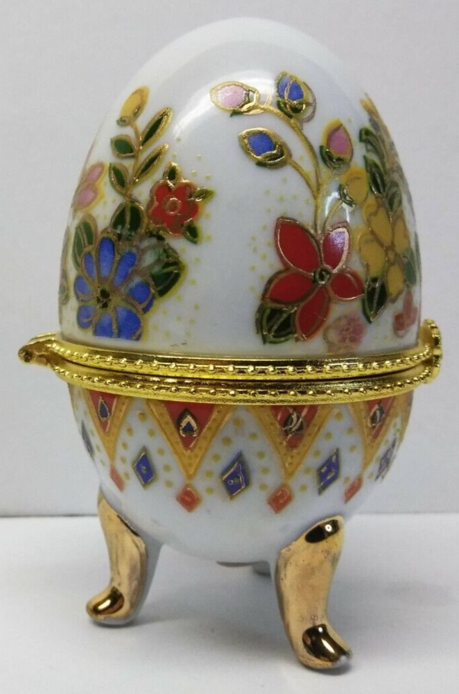 Vintage Cloisonné Enamel Egg Hinged and Footed Trinket Box Egg Shaped