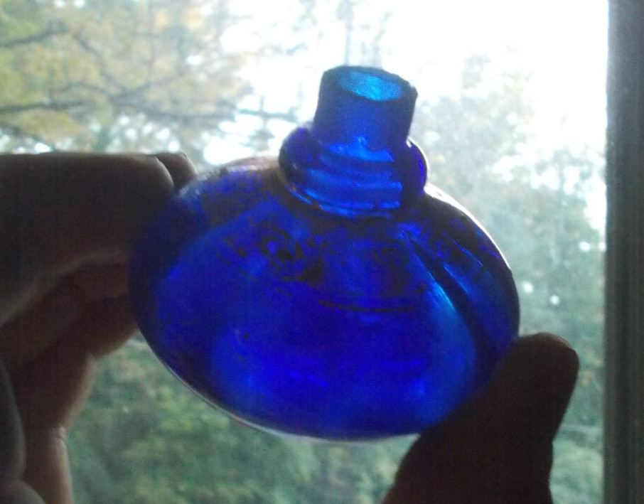 1890s COBALT HAND BLOWN RIBBED OPTIC PERFUME ATOMIZER BOTTLE GROUND SHEARED LIP