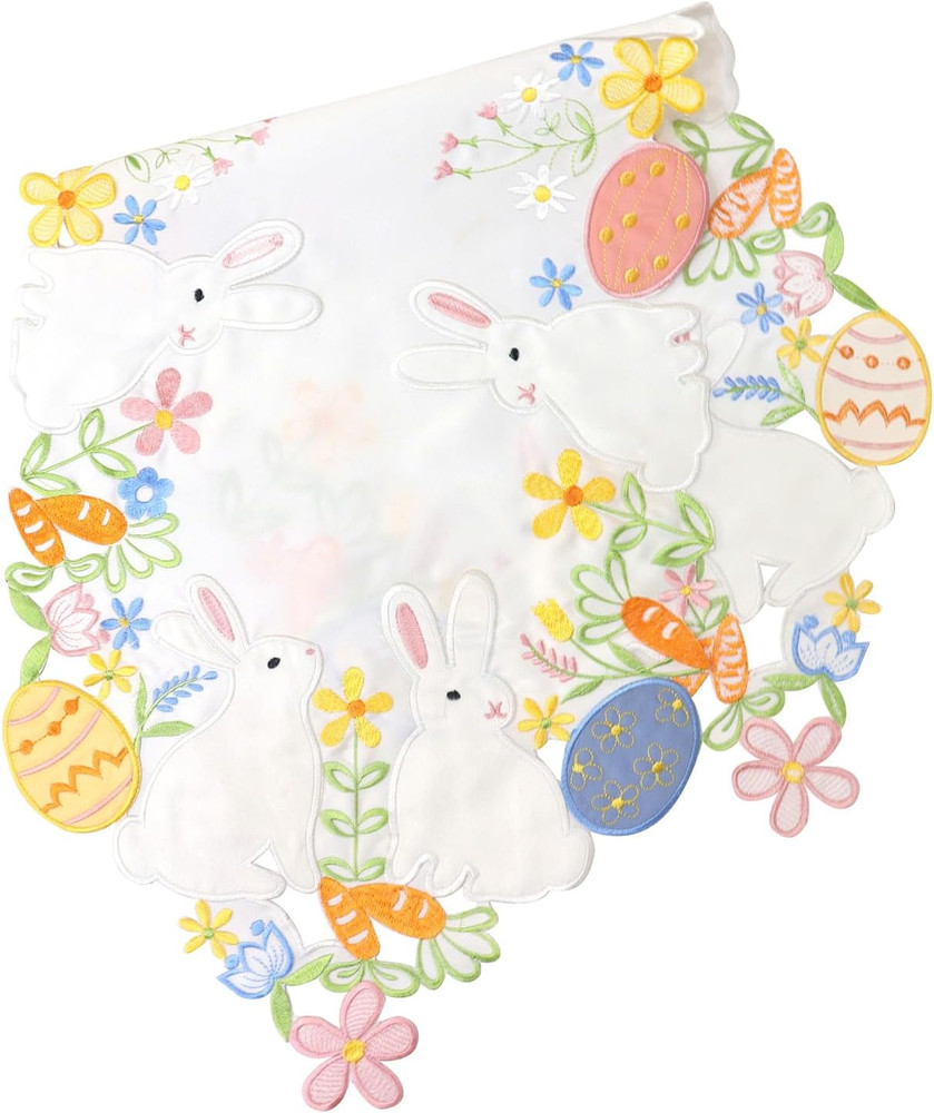 Easter Table Runner Embroidered Bunny Easter Eggs 72 Inches Long Cutout White Ra