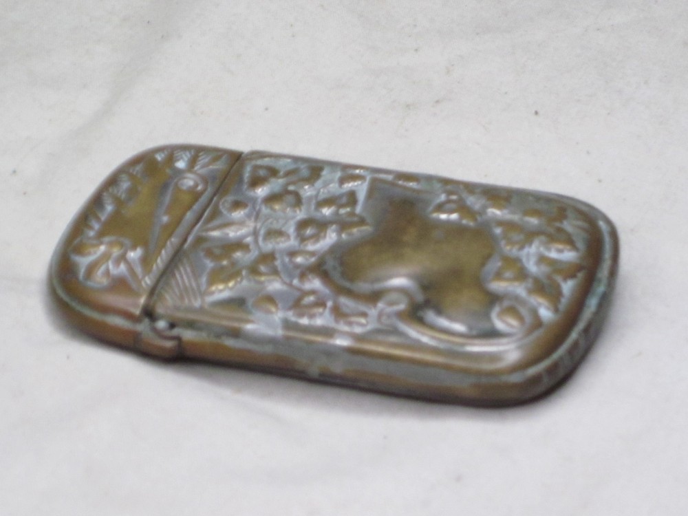 antique ornate brass match case small hinged decorated vesta compact container