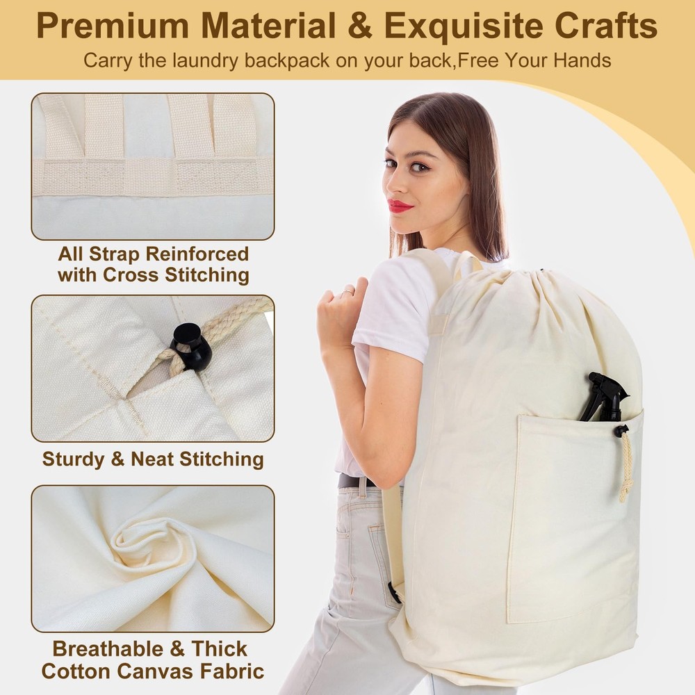 Laundry Bag Backpack, Canvas Laundry Bag with Straps & Drawstring Closure Was...