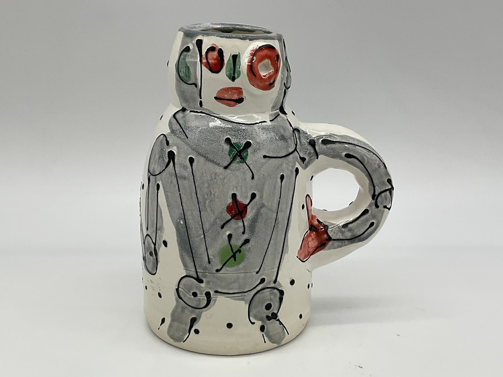 Robot mug or pitcher hand thrown and hand painted