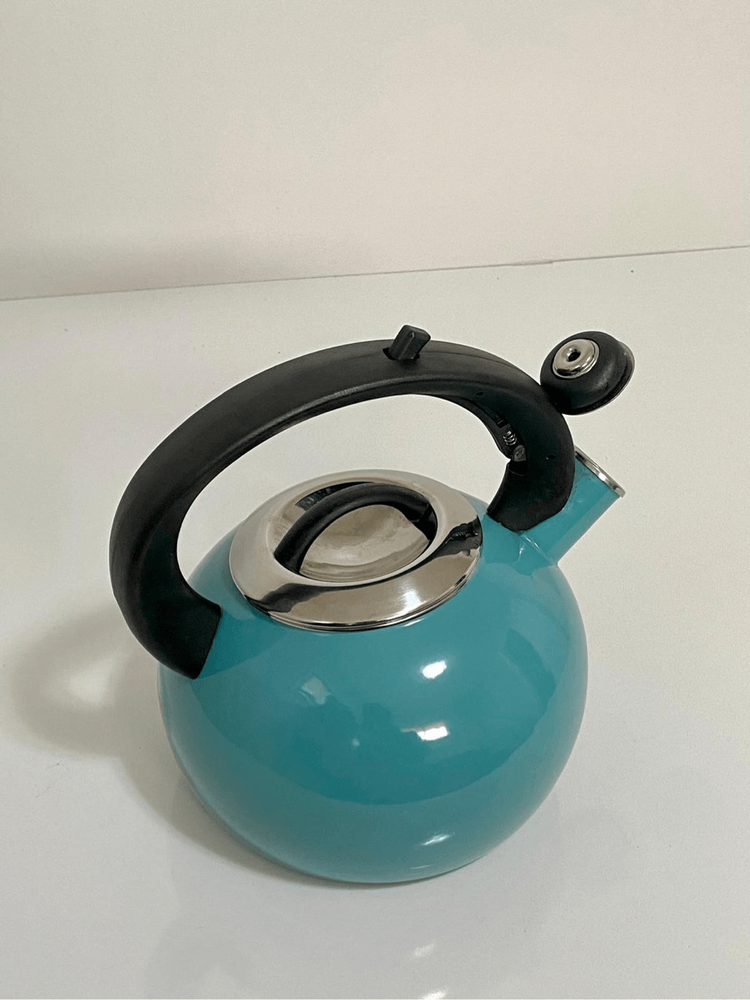 Enamel-on-Steel Whistling Tea Kettle 2.3 Quart Anti-Hot Folding Handle Turquoise