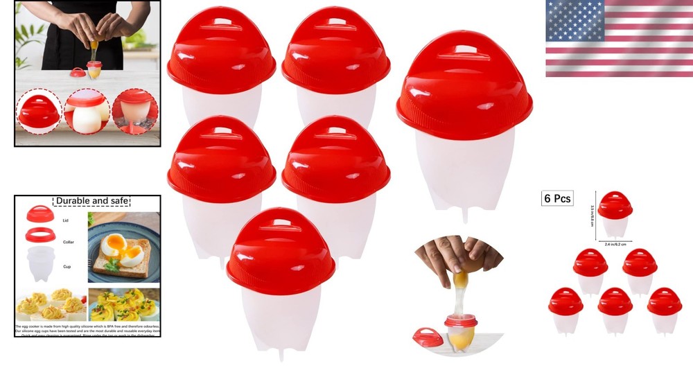 6pcs Silicone Egg Cooker Set – Non‑Stick Shell‑Less Boiling Cups, Red/White
