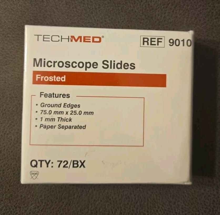 72 TechMed Microscope Slides 75mm x 25mm - 1 mm Thick Frosted - Ref 9010