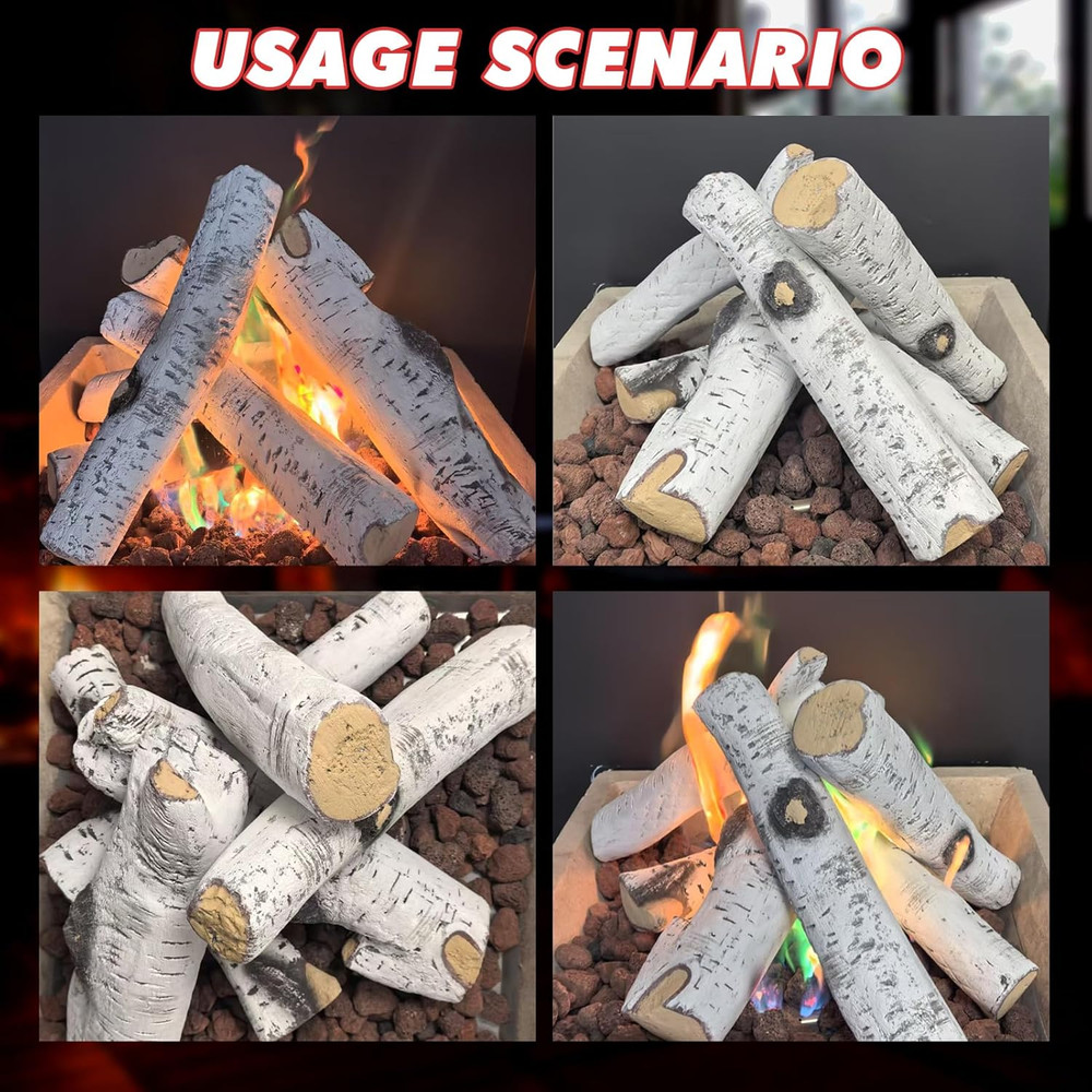 Realistic Birch Ceramic Fireplace Logs - 6 Pack for Fire Pits