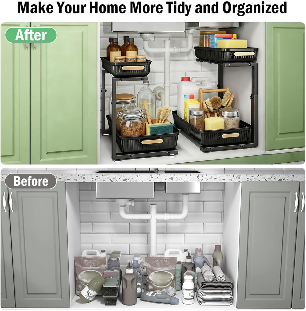 Under Sink Organizer - 2 Packs Multi-Purpose Pull-Out Storage Organizers, Slide