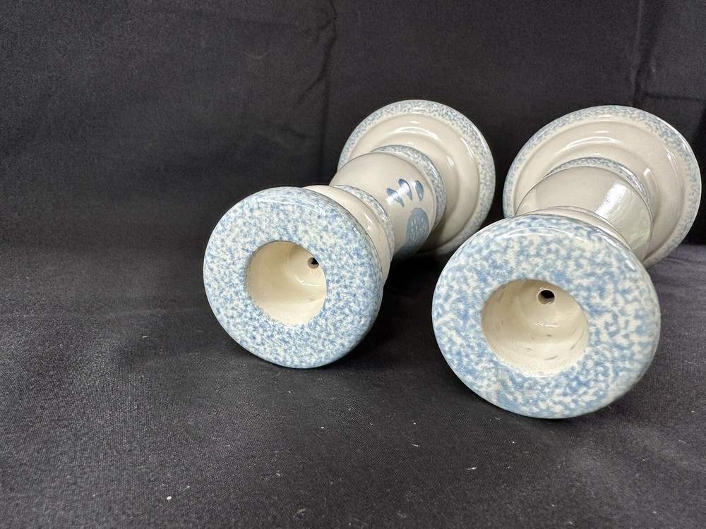 Hermitage Pottery Candlestick Set Blue Heart