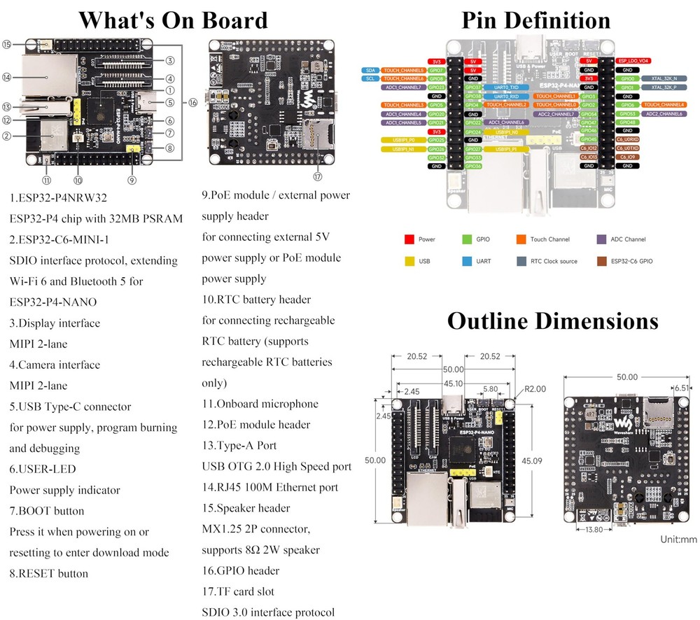 ESP32-P4-NANO Development Board, Based On ESP32-P4 Chip with RISC-V Dual-Core...