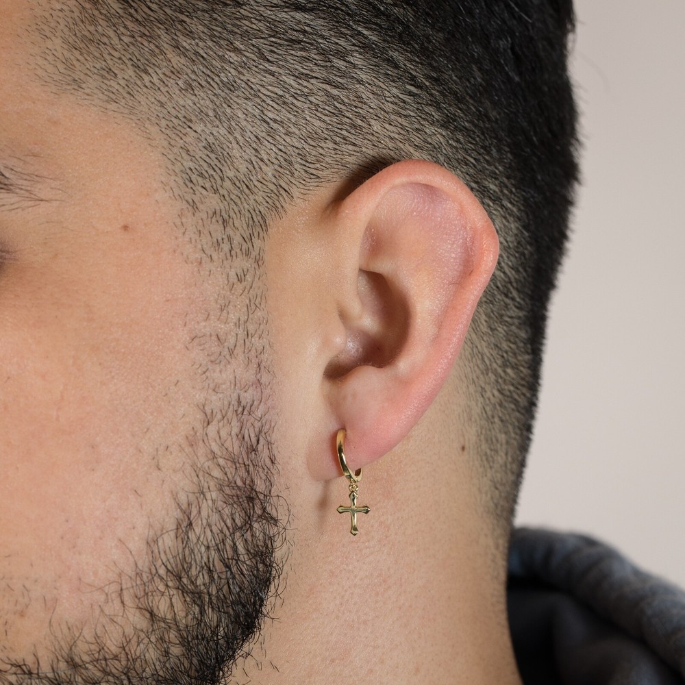 14K Gold Plated Solid Cross Drop Dangle Huggie Hoop Earrings For Men
