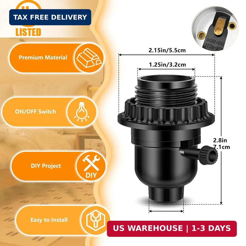 UL Listed E26 Light Socket, Threaded Lamp Socket Replacement with ON/Off Switch