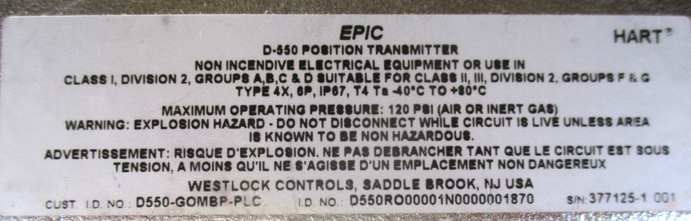 WESTLOCK, D-550-EPIC-2 HART, DIGITAL POSITION TRANSMITTER, w/ INSTRUCT , SURPLUS