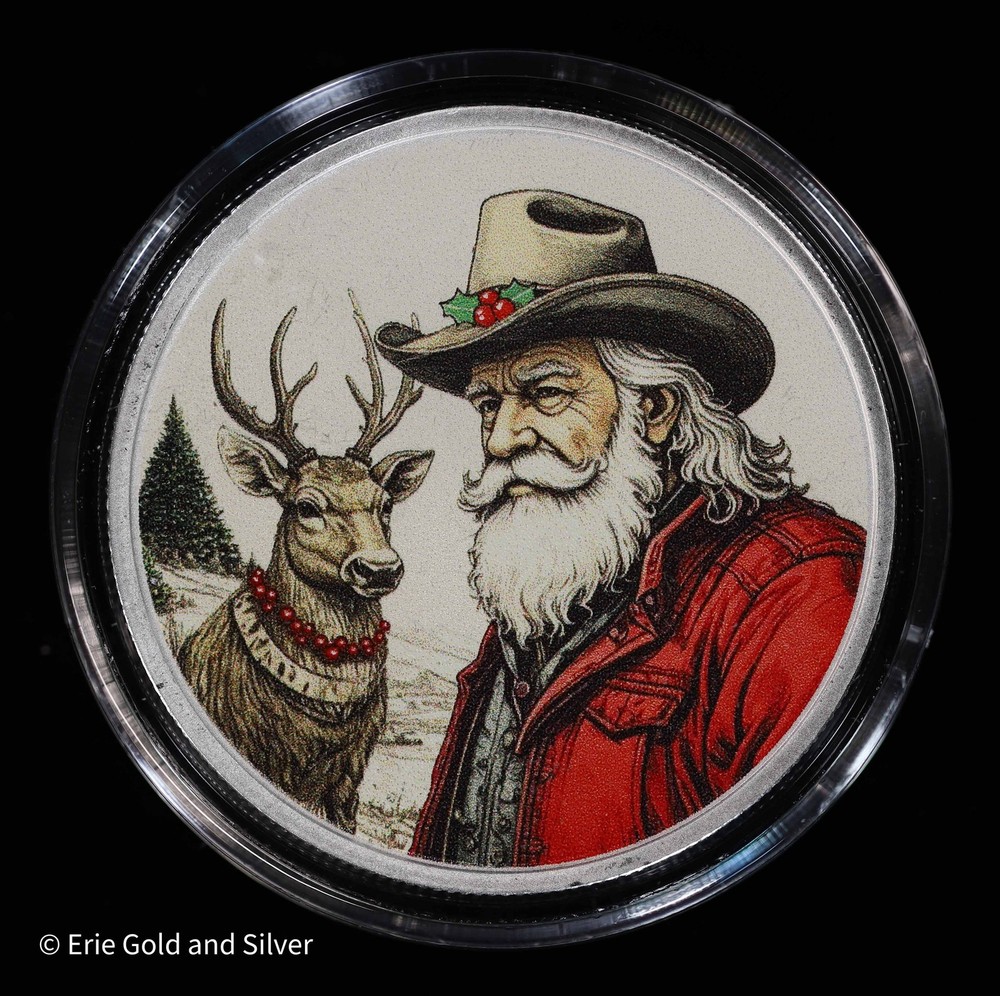 Santa Cowboy 1 oz Colorized Silver Round w/ Box