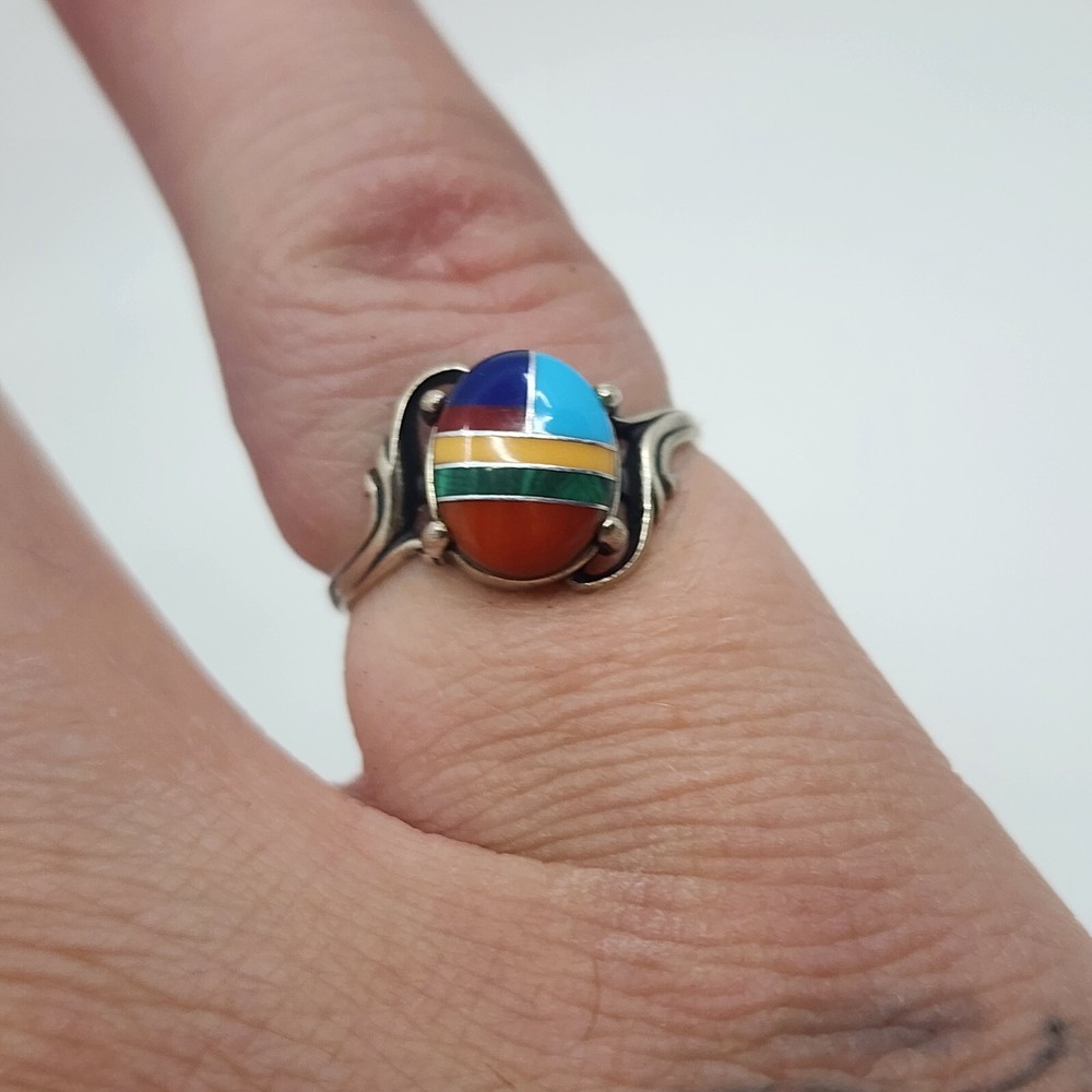 Southwest Style Sterling Silver Assorted Stone Ring Band Size 7