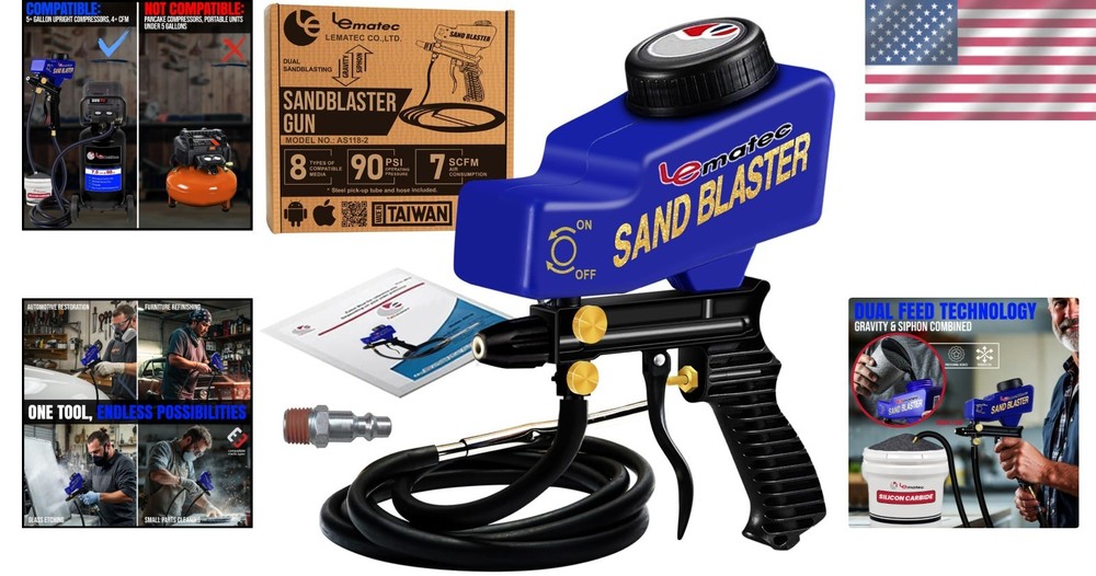 Complete Portable Sand Blaster Set - 4+ CFM, Siphon Function & Versatility