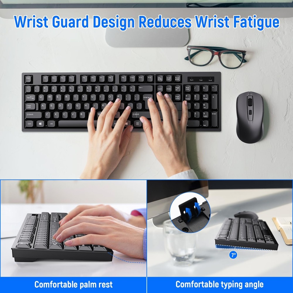 Full Size Ergonomic Wireless Keyboard Mouse Combo 2.4G USB-A Type-C Receiver