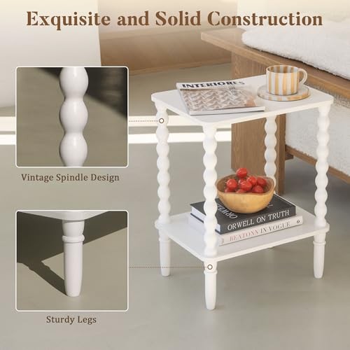 End Table, Small Side Table with Storage Shelf, 2-Tier Modern NightStand White