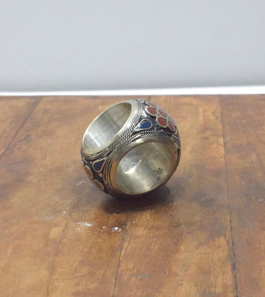 Middle Eastern Silver Coral Turquoise Inlay Ring