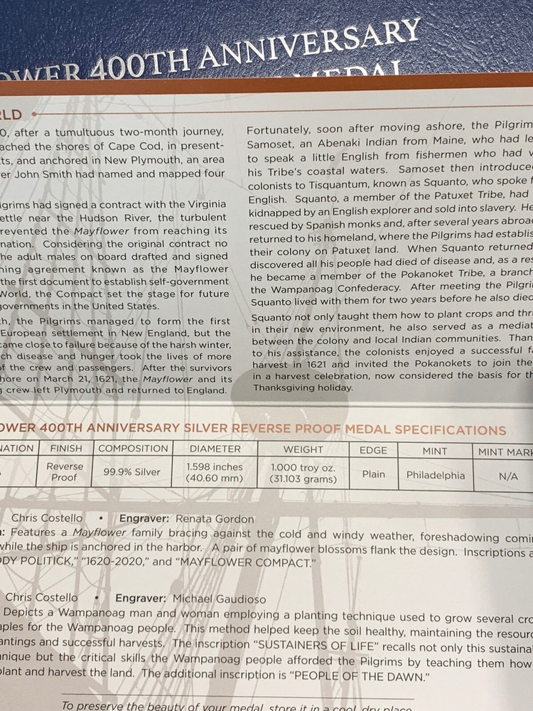 2020 MAYFLOWER 400th ANNIVERSARY SILVER “REVERSE PROOF ” US MINT MEDAL/ GEM 💎!
