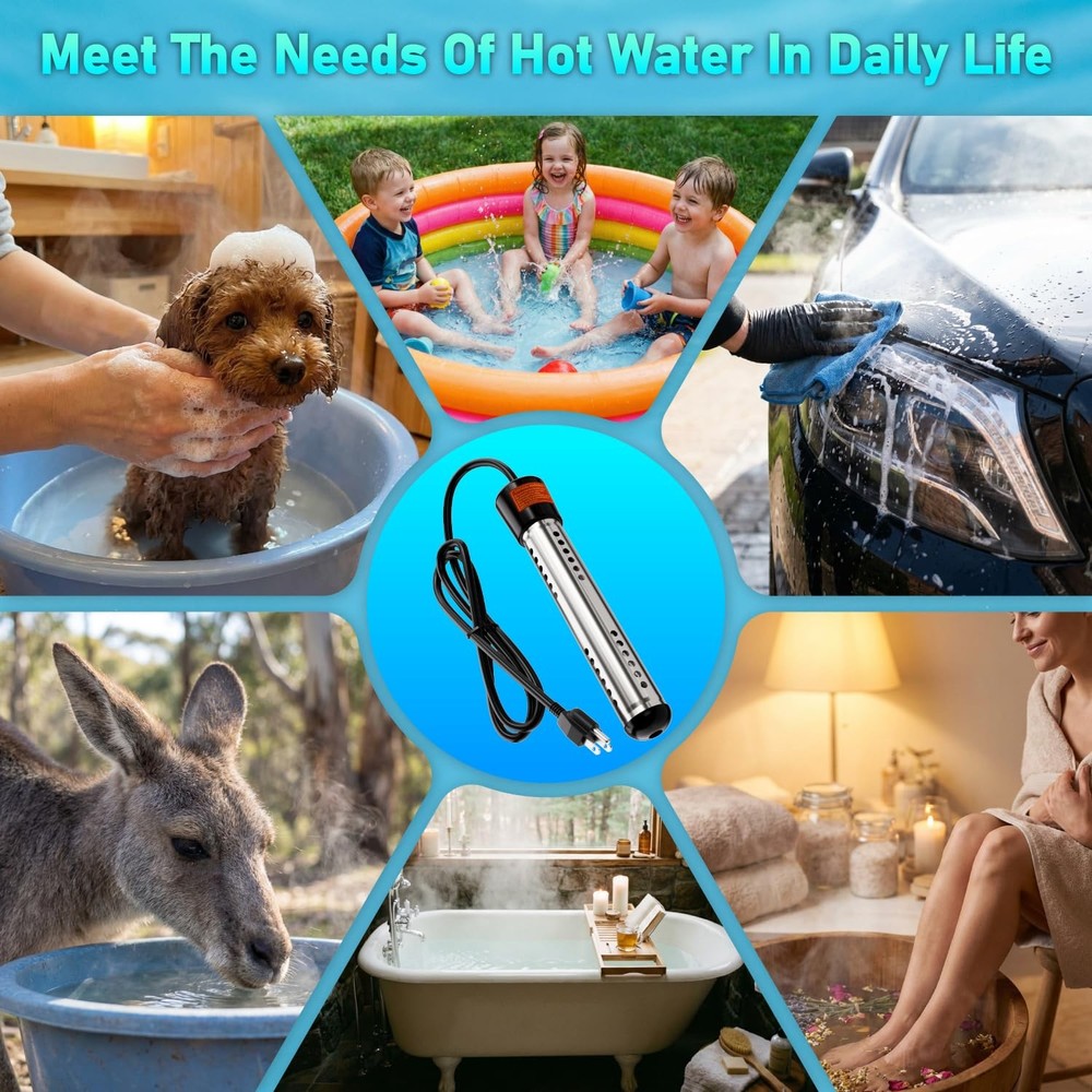 Immersion Water Heater Electric 2000W, Portable Submersible Water Heater with...