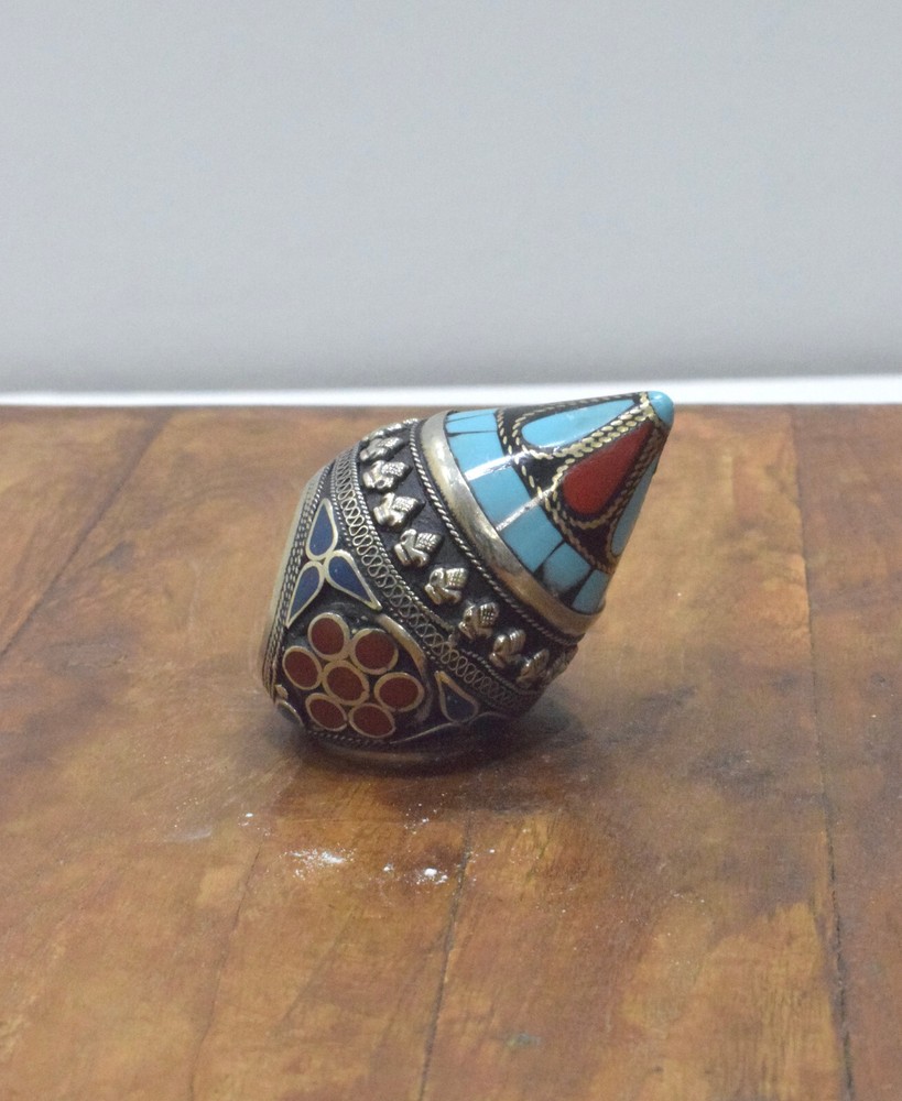 Middle Eastern Silver Coral Turquoise Inlay Ring