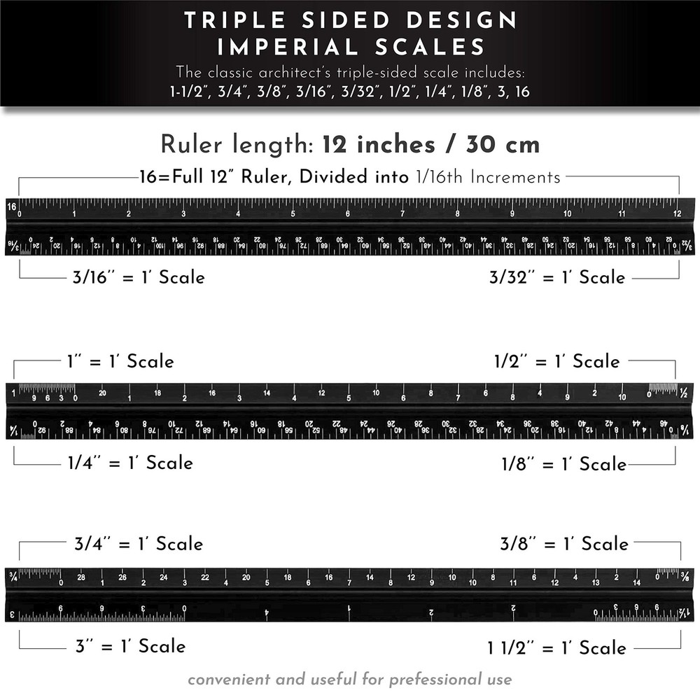 12-Inch Architectural and Engineering Scale Ruler Set (Imperial) | Black