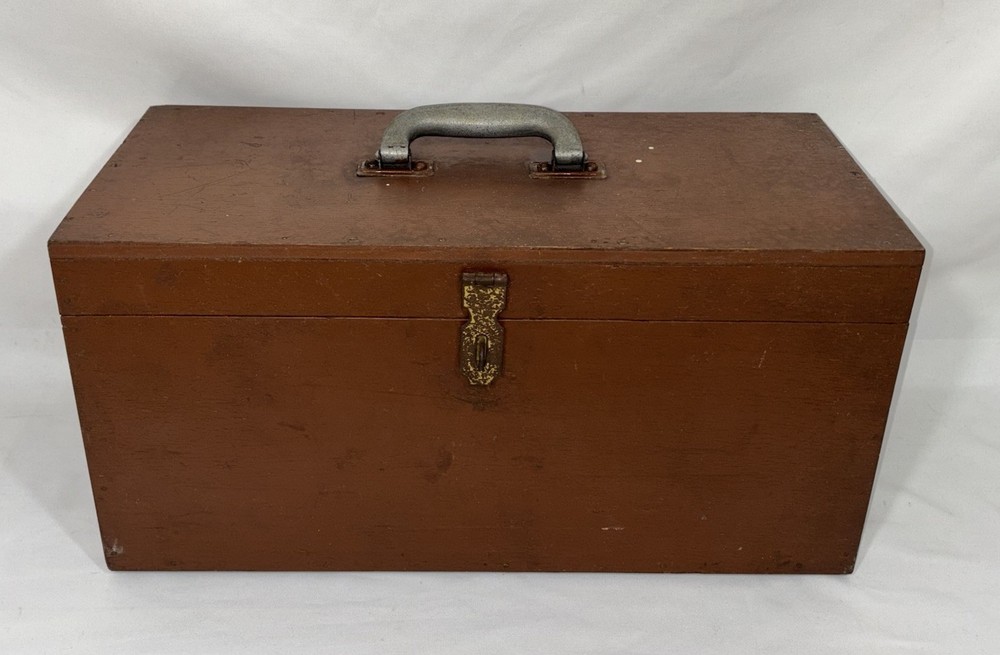 Old Vintage Painted Brown Solid Wood Lidded Tool Box w/Handle 18"W 9"H