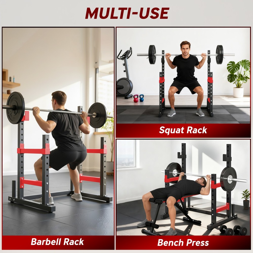 Adjustable Squat Rack, 660lbs Multi-Functional Bench Press Rack, Red