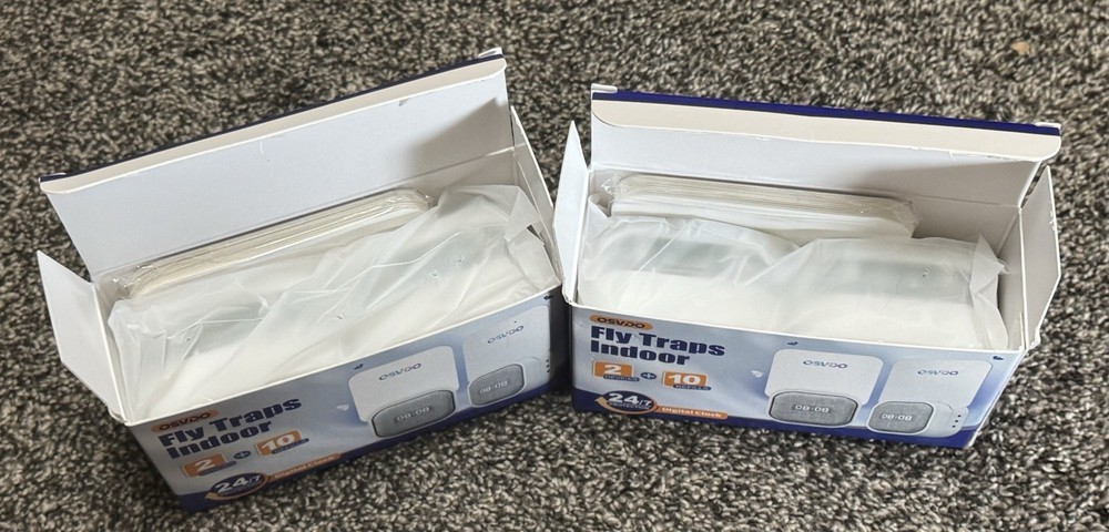 NIB! 2 Boxes/4 Devices/20 Refills ~ OSVDO Indoor Fly Traps Digital Clock Plug-In