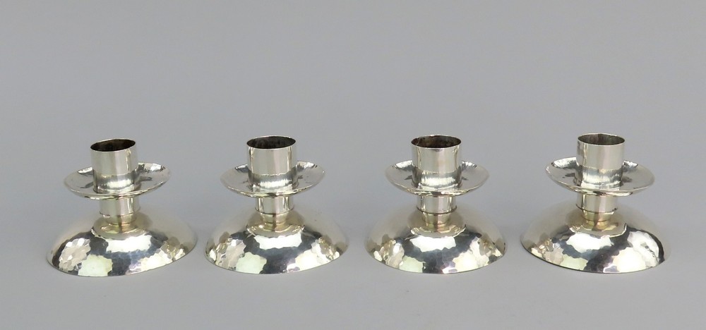 Handsome Set 4 VTG German 800 Silver Hand Hammered E. Bode Low Candlesticks
