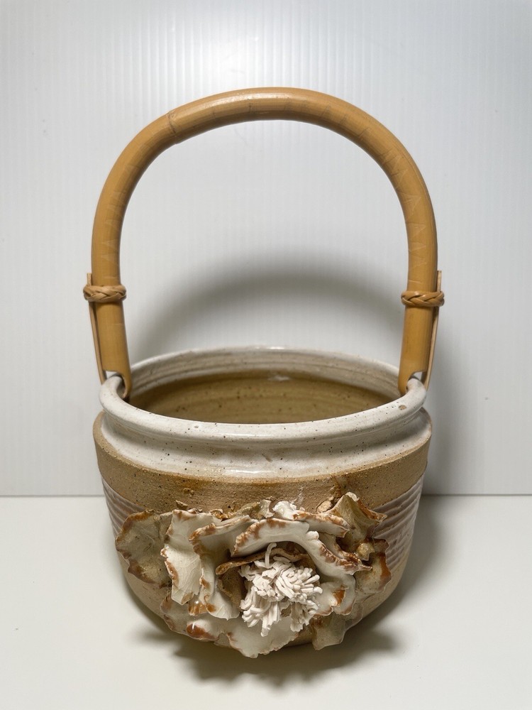 Handcrafted Pottery Bamboo Handle Basket Flower Signed Colleen Schneider