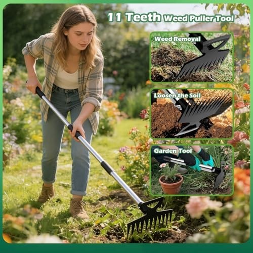 60" Long Handle Weed Puller Tool - 3-in-1 Heavy Duty Weeding Rake & 2 Heads for